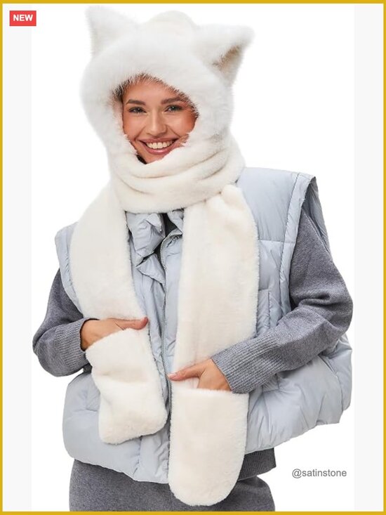 3 in 1 Plush Cat Ears Hat with Mittens and Scarf Faux Fur Hood main image 6